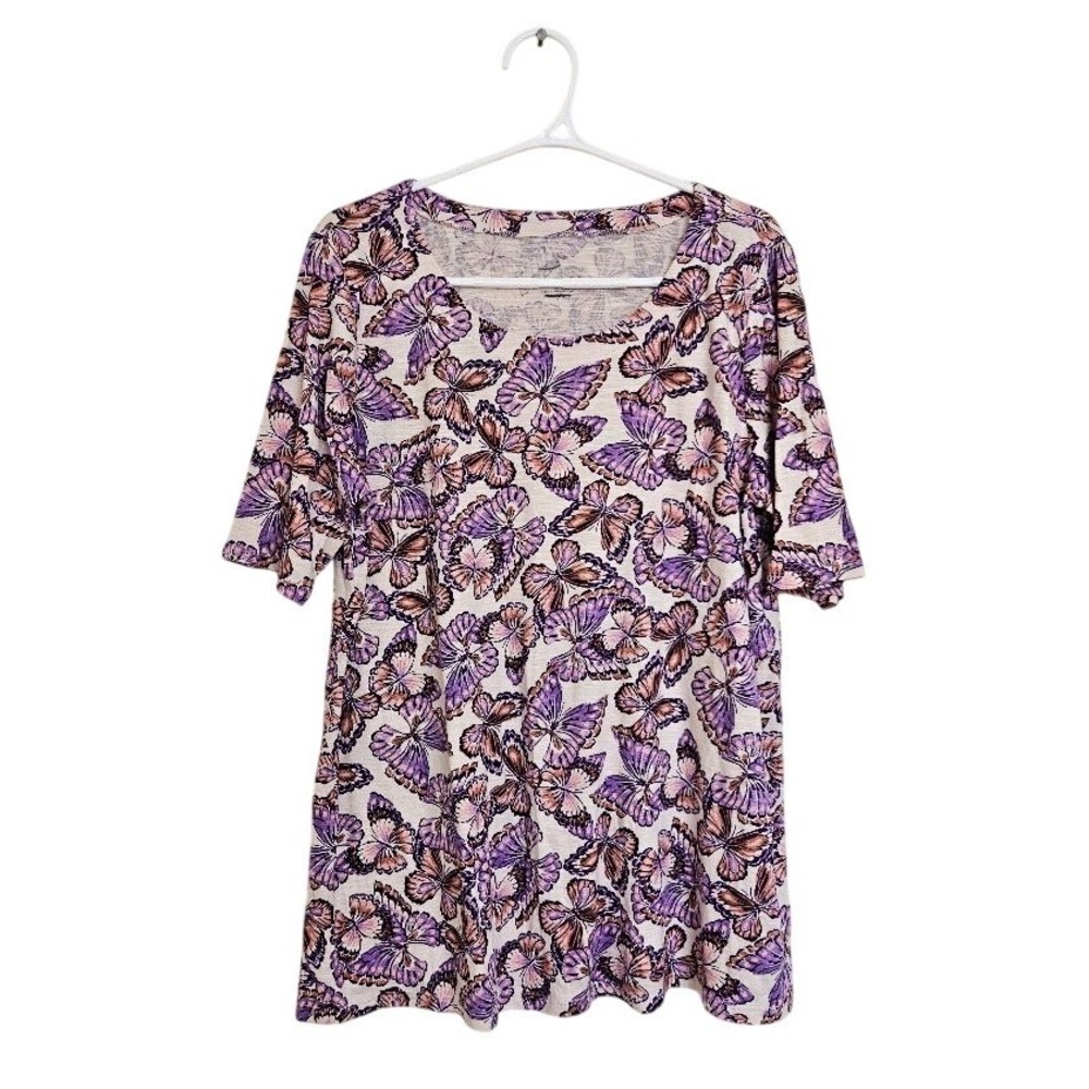 J. Jill Pima Slub Scoop Neck Side Slit Tee Purple Butterfly Print Cotton Medium